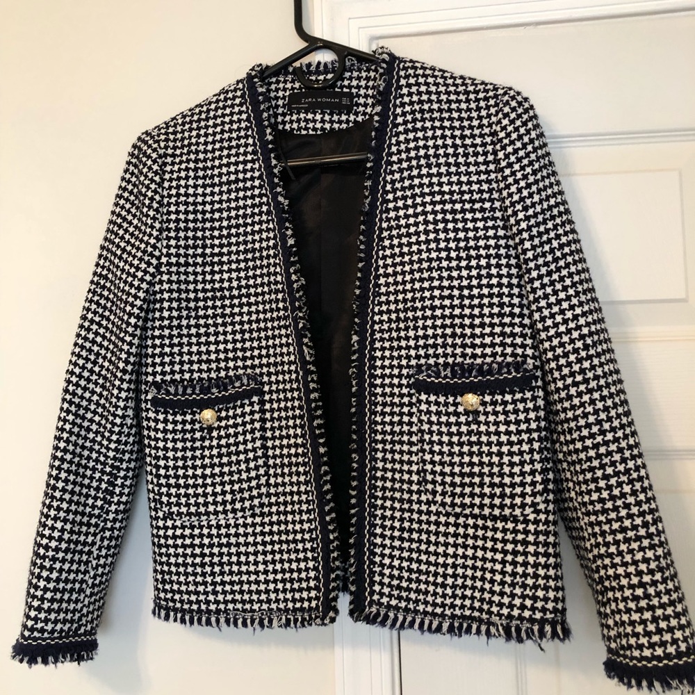 Zara Navy Houndstooth Pattern Blazer